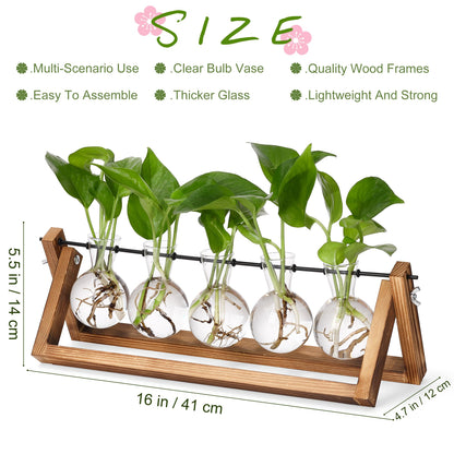 YIBOT Propagation Stations,Plant Terrarium with Wooden Stand,Plant Lover Gifts for Women for Hydroponics Plants Home Garden Wedding Decor(5 Bulb Vase)
