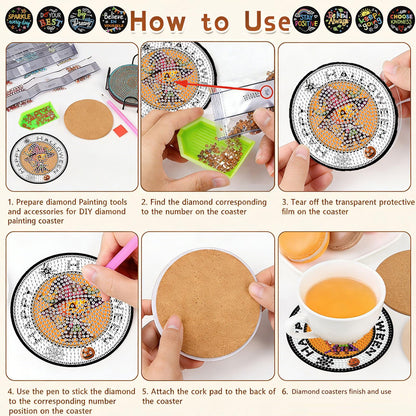 Gemozaic 8PCS Halloween Diamond Art Coasters Kit for Adult, Spooky Diamond Painting Coasters with Holer, Non-Slip, Easy DIY Pumpkin Gem Arts and Crafts Kits for Gift, Coffee, Cocktail, Drink