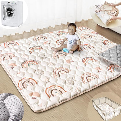 Baby Play Mats for Floor, 71”x59” Upgraded Thickness & Larger Super Soft Playmat for Babies and Toddlers, Foldable Washable, Upgrade Anti-Slip Crawling Mat for Playpen(Boho Rainbow)