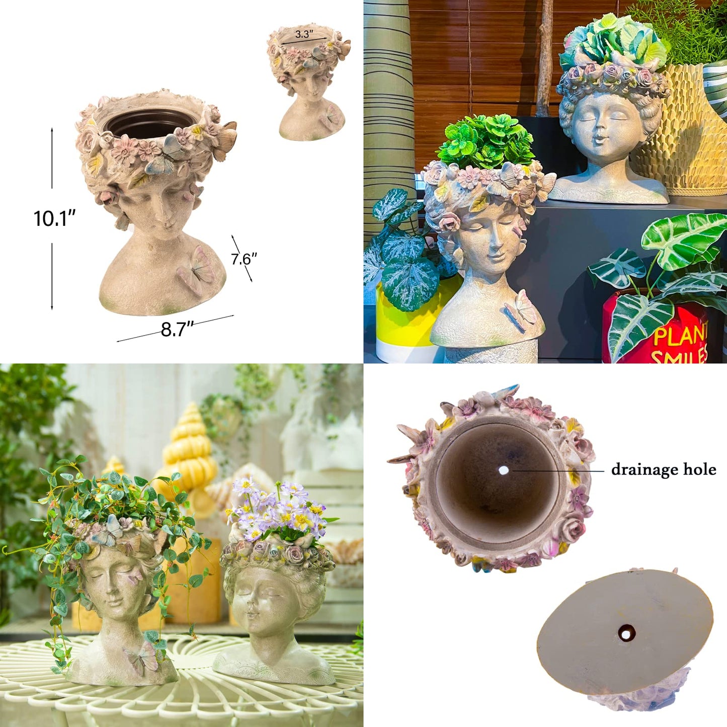 LC LCdecohome Face Flower Pot Head-Planters Succulent - 10 Inch Garden Resin Face Planter with Drainage Hole for Indoor and Outdoor Plant 7.75 * 6.75 * 10 Inch