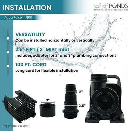HALF OFF PONDS Submersible Water Pump, 14,800 GPH Pond Pump with 100FT Power Cord and 35.5FT Max Head, 1,100W Ultra Quiet Energy Efficient Pump for Koi Pond, Fountain, Waterfall, Water Garden, Skimmer