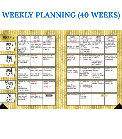 Carson Dellosa Sparkle and Shine Teacher Planner, 8" x 11" Black and Gold Spiral Bound Lesson Plan Book With Stickers, Checklist, Notes, School Supplies for Classroom Organization