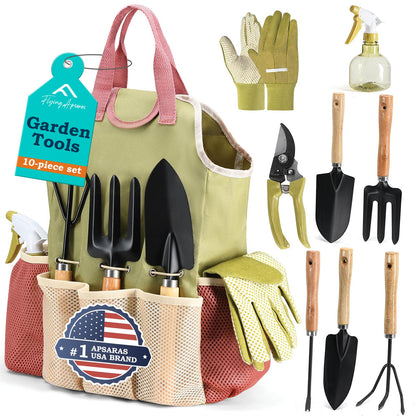 APSARAS USA Gardening Tools, Garden Tool Set, 10 Pieces Heavy Duty Sturdy Steel Gardening Tool Set with 600D Oxford Cloth Storage Tote Bag, Durable Supplies Kit Perfect Garden Gifts for Father