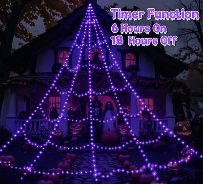 LED Spider Web Lights for Halloween Decorations Outdoor - 616 LEDs, 8 Lighting Modes, 16.4 Ft Light Up Giant Spider Webs (Purple)