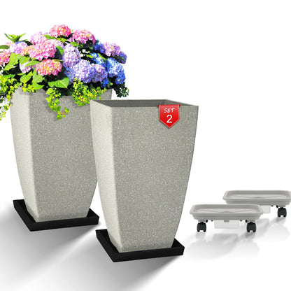 FIASON Set of 2 Large Tall 21 Inch Planter Pots Indoor/Outdoor-Matte Grey Square Flower Planters with Tray for Patio, Front Door, Deck | Weather-Resistant & Lightweight Plastic (Grey)