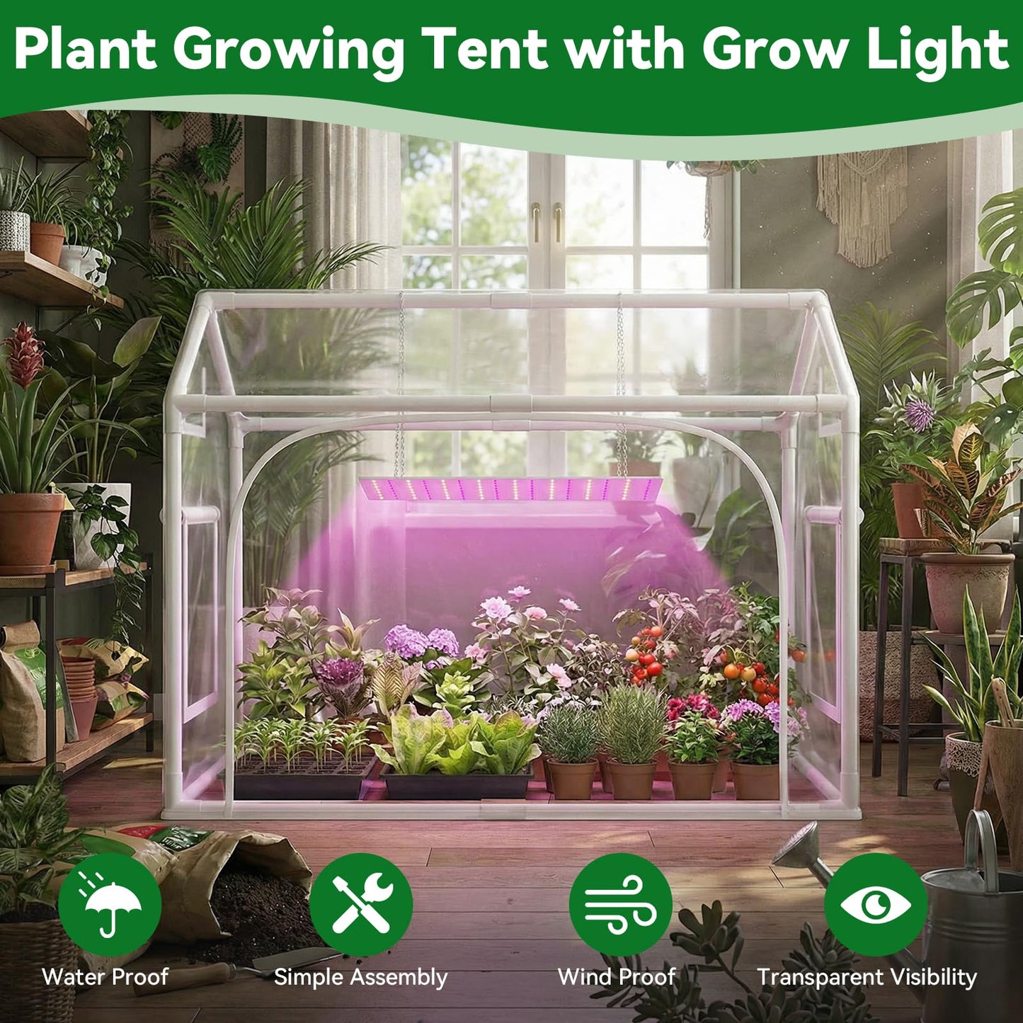 Mini Indoor Greenhouse with Grow Lights & Timer 3 Light Color Mode Thickened PVC Tent Waterproof Base Portable Green House Cabinet Kit for Plant Seed Starting 30" L x 16.5" W x 20.5" H
