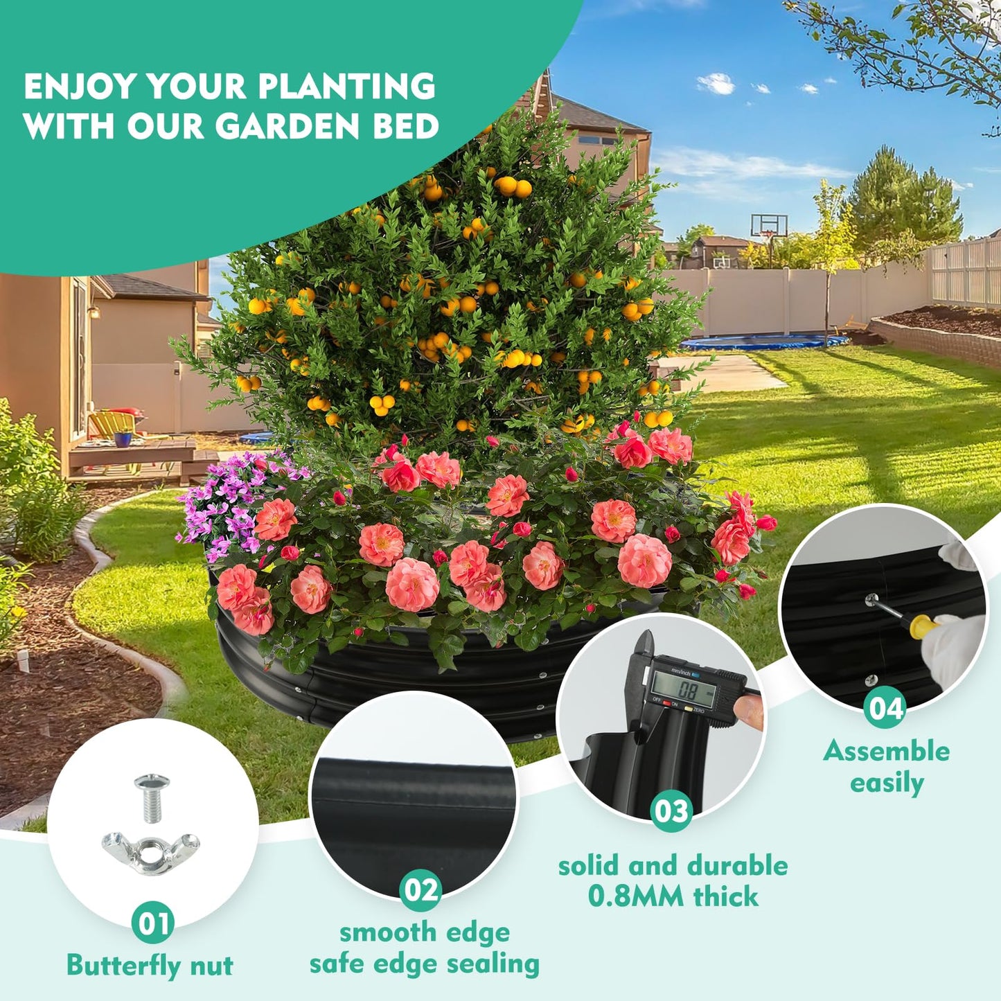 YSEJOMP 4FT Diameter Galvanized Garden Raised Bed/Plant Box/Fire Pit Ring - 0.8mm Thick,12 Inch Tall,Perfect for Planting a Variety of Flowers,Herbs,Vegetables (Black, 48 Dia X 11.5 inches)