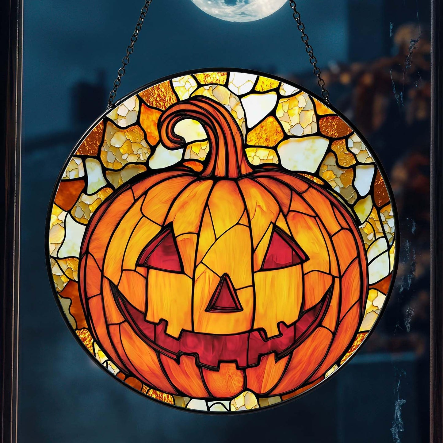 RVEAFA Pumpkin Stained Glass Window Hanging Horror Sun Catcher Decor Halloween Suncatchers for Garden Home Windows Hanging Decoration, 7.87inch