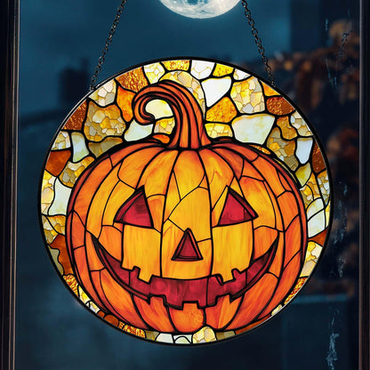 RVEAFA Pumpkin Stained Glass Window Hanging Horror Sun Catcher Decor Halloween Suncatchers for Garden Home Windows Hanging Decoration, 7.87inch