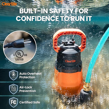 Cleartide Submersible Utility Water Pump, 1/3 HP 2790 GPH, 100% Copper Motor, Thermoplastic Portable Plug & Work, Ideal for Pool, Flooded Basement, Hot Tub, Pond & Garden Draining,10 FT Cord