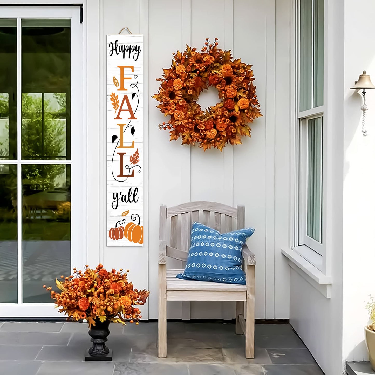 Happy Fall Y'all Wooden Porch Sign 47" Thanksgiving Large Welcome Porch Sign for Pumpkin Sign Autumn Home Front Door Yard Party Decor