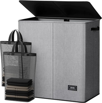 SOLEDI Large Double Laundry Hamper with Lid,165L Collapsible Clothes Hamper 2 section with Removable Bags, Space-Saving Laundry Basket for Bedroom, Dorm, College