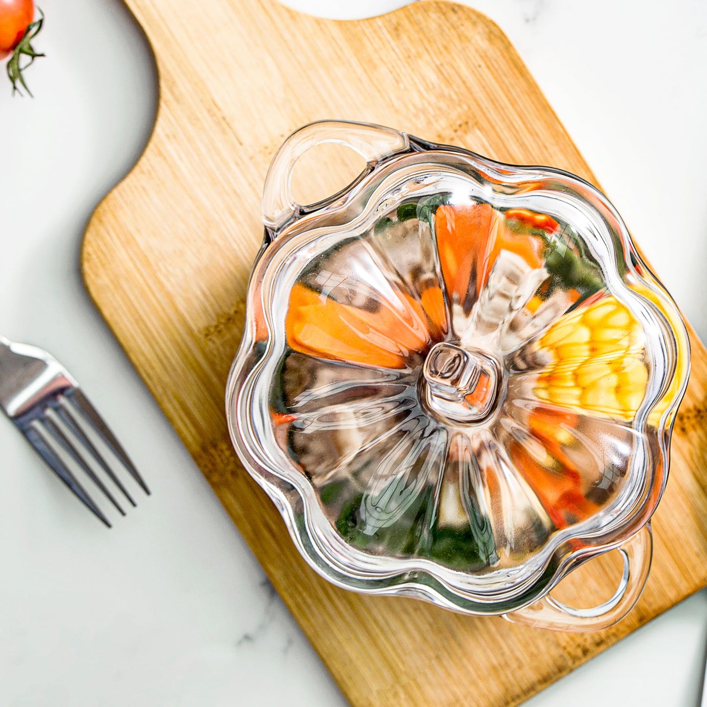 binsakao Small Glass Candy Dish with Lid - 16.7 oz Soup Bowls with Handle - Pumpkin Bowl for Holiday Party - Microwave Dishwasher Safe