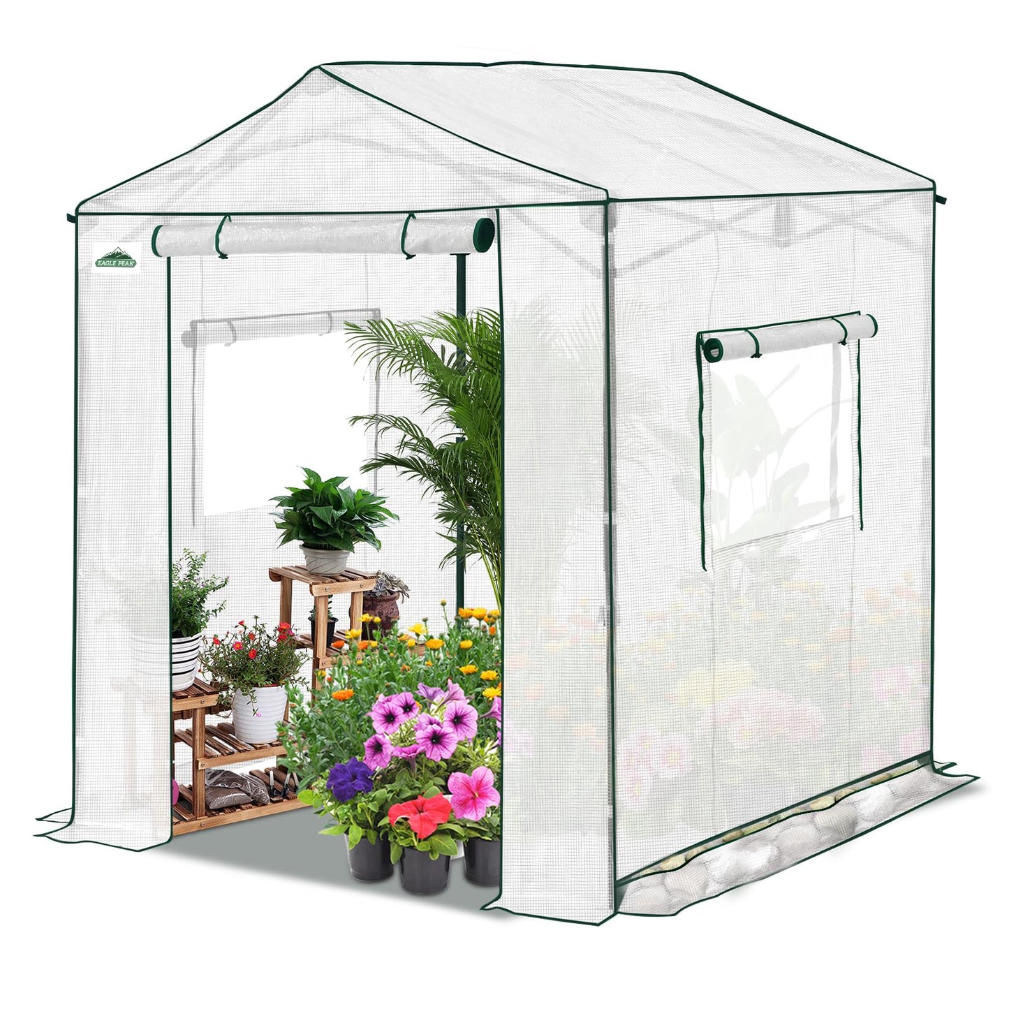 EAGLE PEAK 6x6 Portable Pop Up Greenhouse, Patented Center Lock Easy One Person Setup, Walk-in Outdoor Greenhouse with Gable Roof, Weight Bags, Zippered Doors & Windows, White