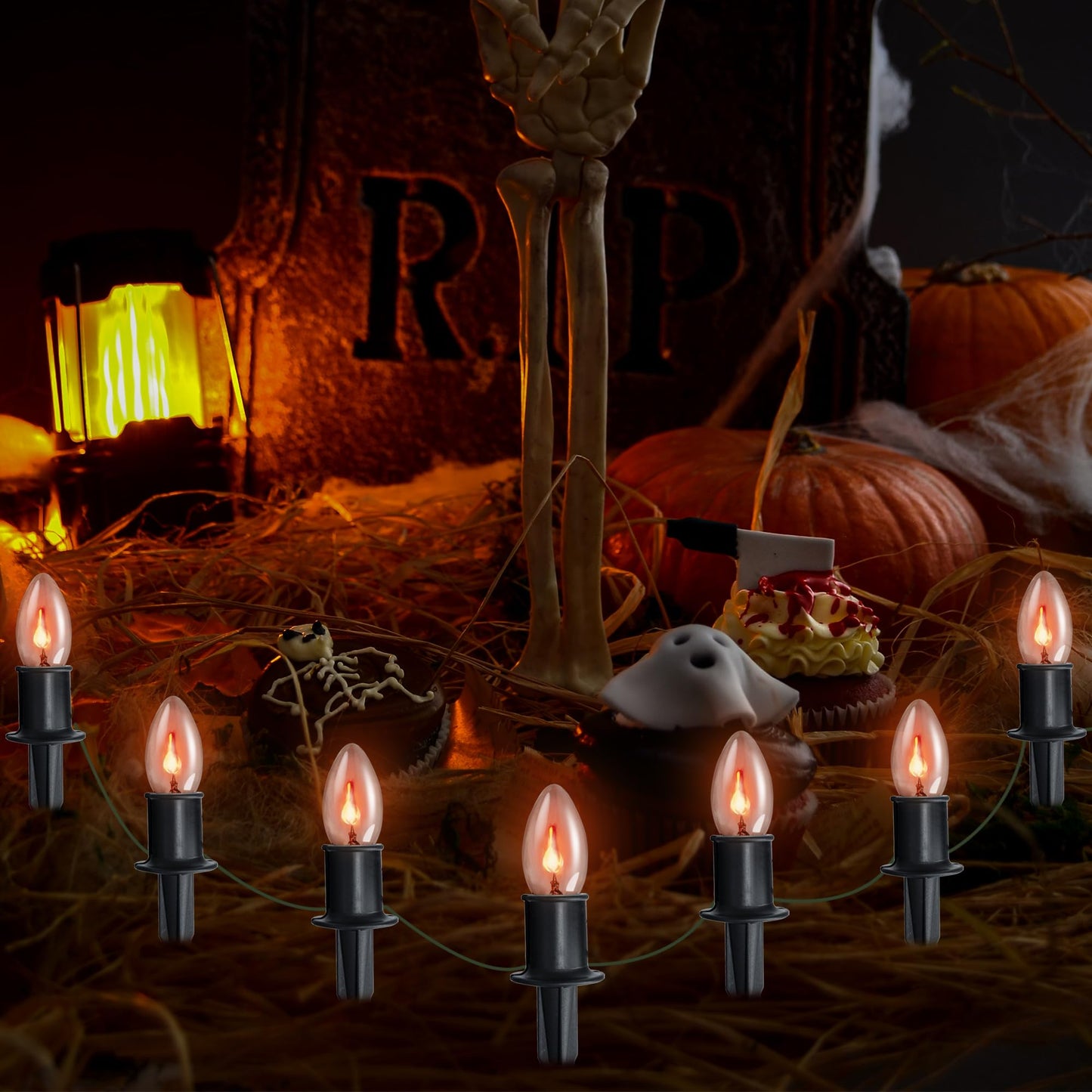 TIORIY 24.2ft Flickering Flame Pathway Halloween Light Decoration Outdoor, C9 String Lights Halloween Decor with Stakes, Waterproof 20 Flicker Lights for Garden, Party, Green Wire