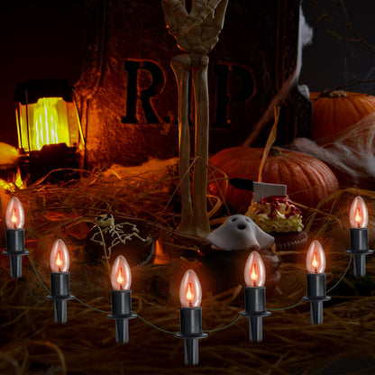TIORIY 24.2ft Flickering Flame Pathway Halloween Light Decoration Outdoor, C9 String Lights Halloween Decor with Stakes, Waterproof 20 Flicker Lights for Garden, Party, Green Wire
