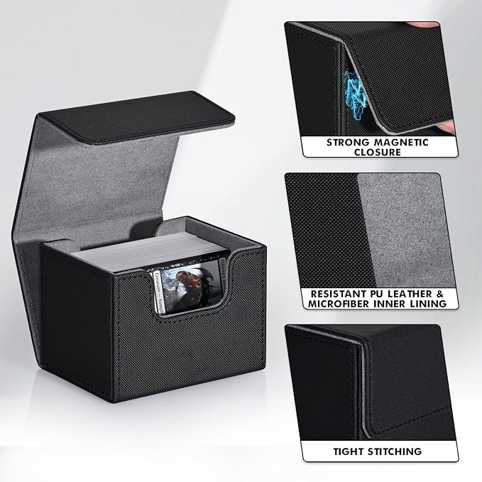 ZLCA Card Deck Box for Trading Cards, MTG Commander Deck Box Holds 120+ Single Sleeved Cards, Leather Magnetic Card Storage Box Fits for Magic the Gathering TCG CCG (Black)