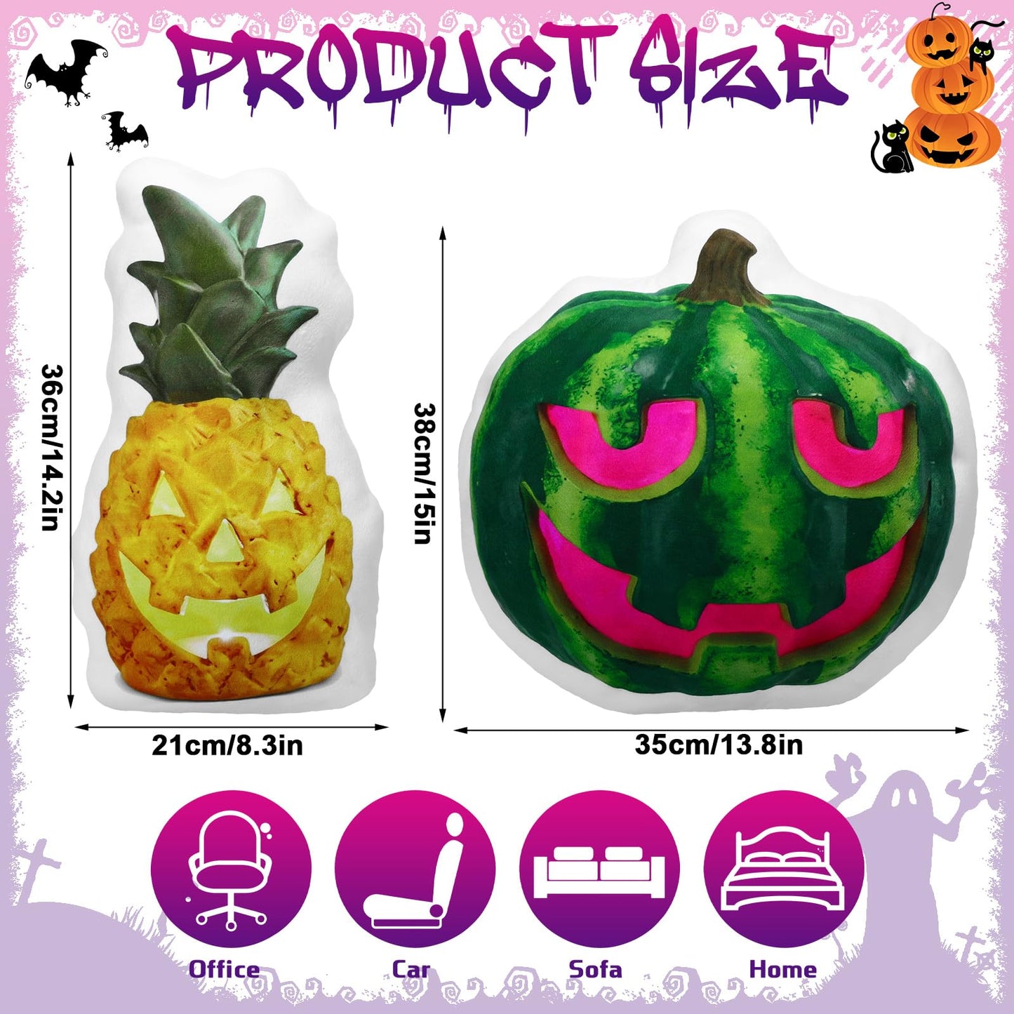 Cinnvoice 2 Pcs Summer Halloween Watermelon Pineapple Jack-o-Lantern Throw Pillows 15.7 Inch Halloween Spooky Summer Decoration for Home, Sofa, Bed, Car, Couch Holiday Decor