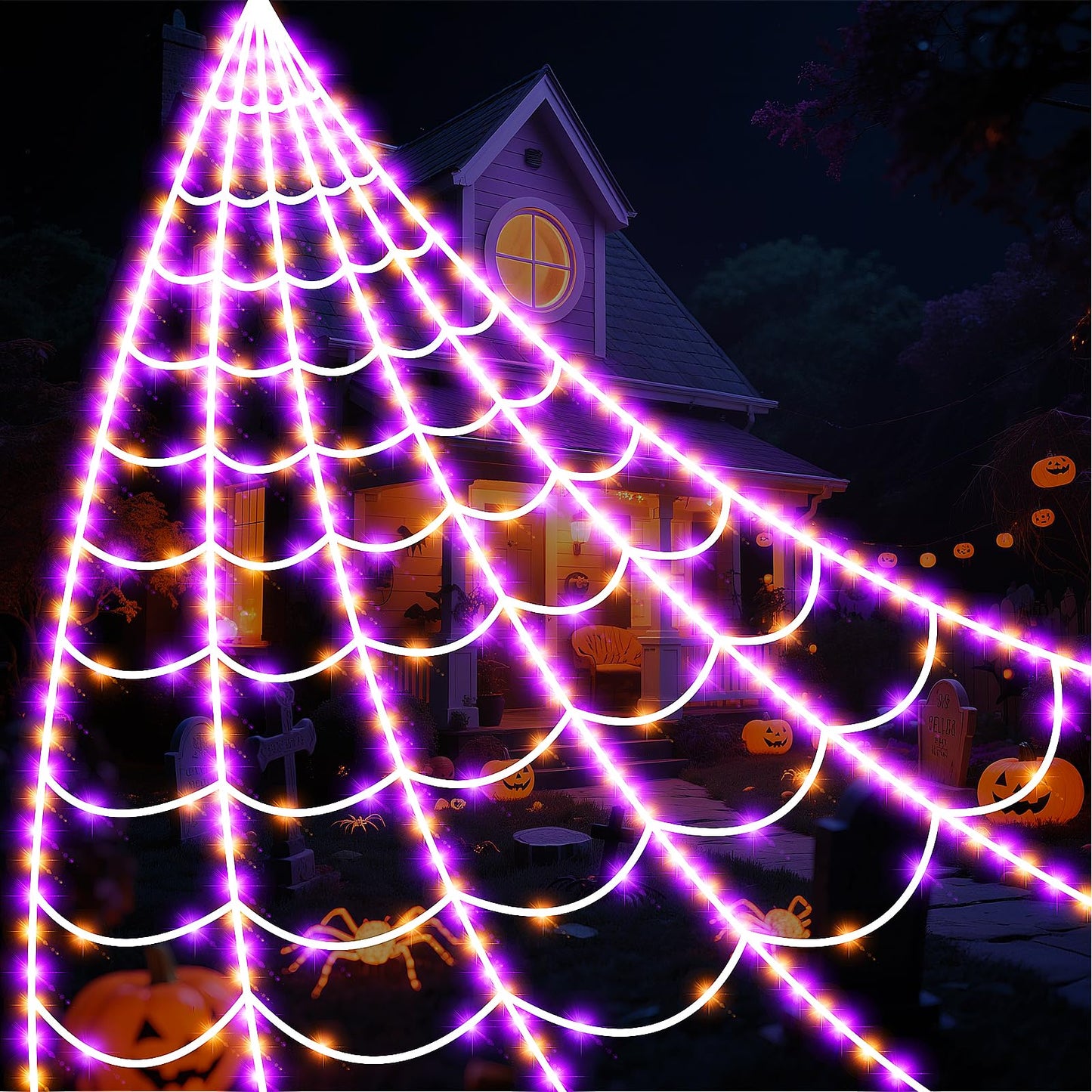 Halloween Spider Giant Web Lights: 350 LED Lighted Giant 23 Ft Halloween Decorations Light up with 8 Lighting Modes Outdoor Indoor Yard House Decor, Purple & Orange (350LED 23FT Giant Spider Web)