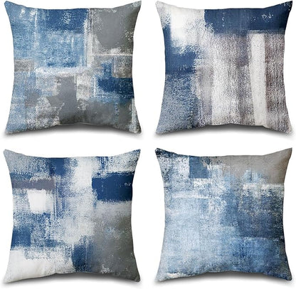 Set of 4 Blue and Grey Abstract Art Artwork Pillow Cover 20 x 20 Inch, Gallery Modern Decorative Throw Pillows Cushion Cover for Bedroom Sofa Living Room