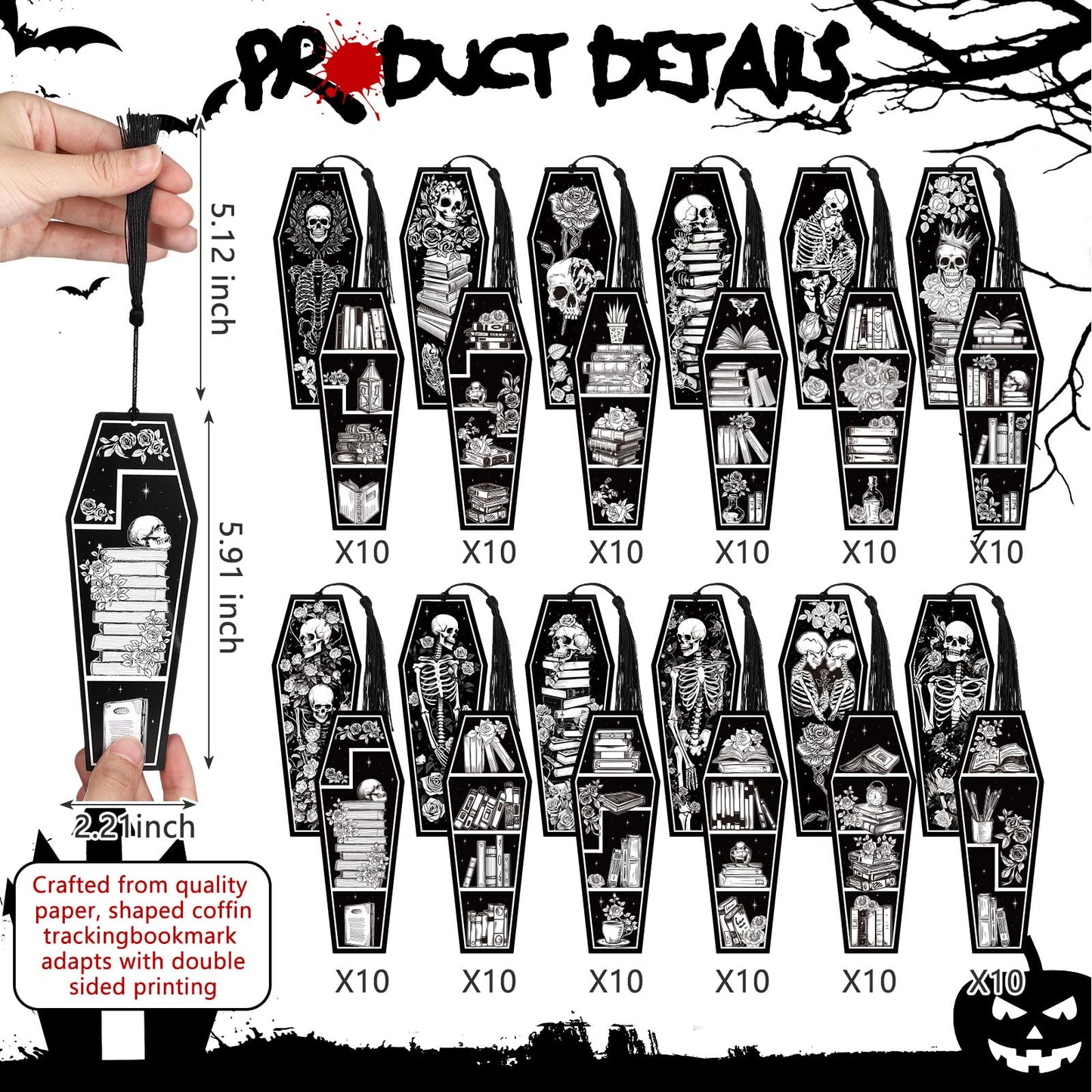Kolldenn 120 Pcs 12 Styles Halloween Gothic Skeleton Coffin Bookmarks Double Sided Book Tracker Skull Horror Bookmark Gothic Book Marker with Black Tassels for Reading Lovers Gifts Accessories