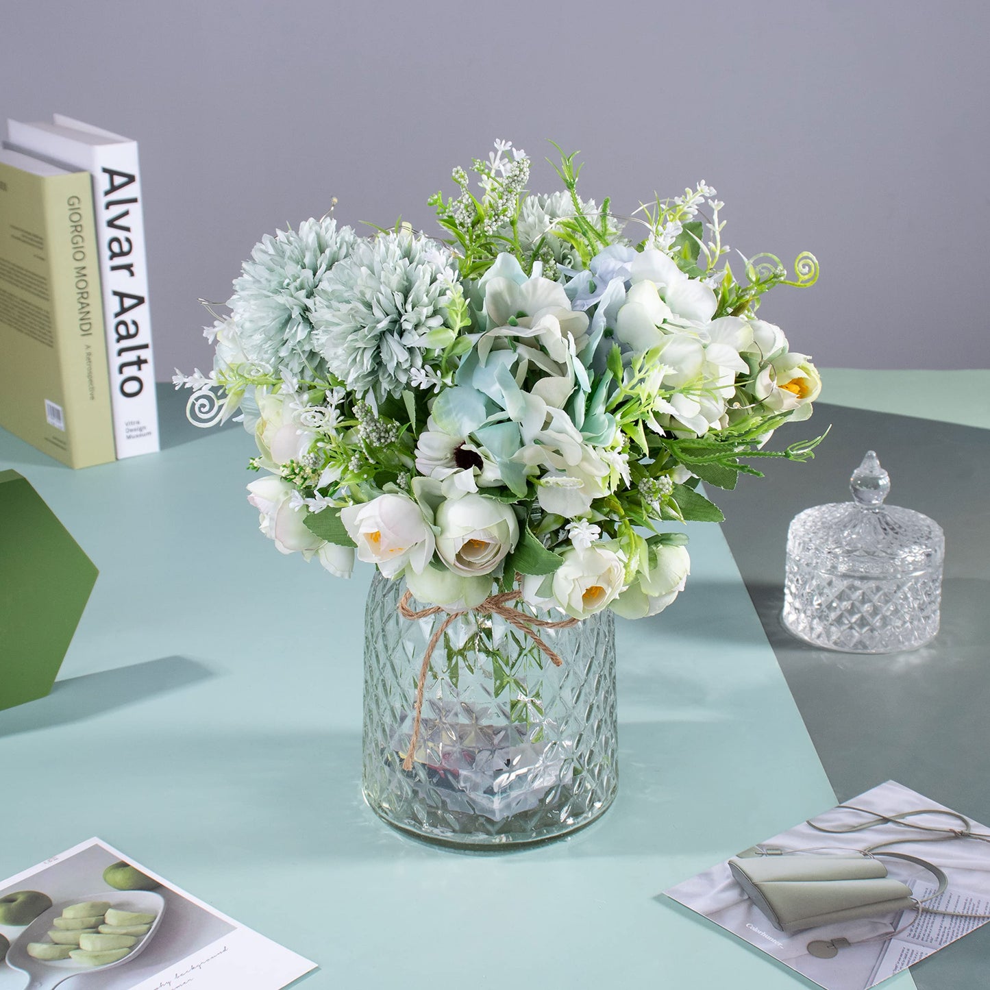 Artificial LED Green Rose Flowers with Glass Vase, Remote Control Led Light, Flower Arrangement for Table Centerpiece, Home Office Wedding Decoration