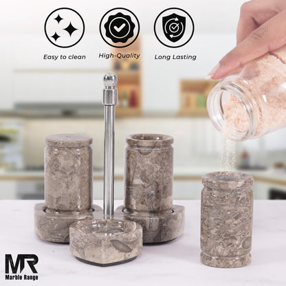 Marble Salt and Pepper Shakers Set of 3 – Handmade Oceanic Stone Spice Shakers 0.8 oz with Tray, Elegant Tabletop Seasoning Set for Kitchen Countertop & Dining Table, Saleros Decorativos