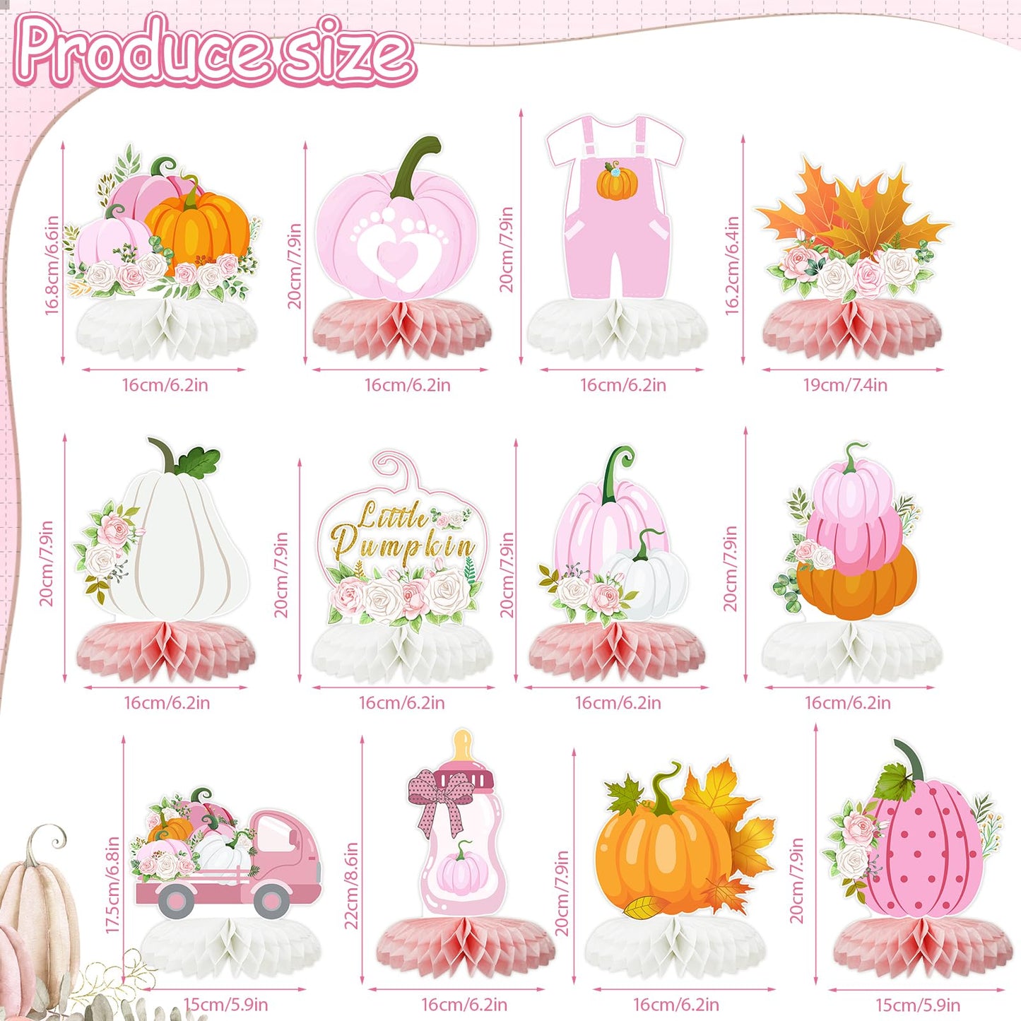 12 PCS Little Pumpkin Baby Shower Decorations 3D Honeycomb Centerpiece Fall Party Table Decor for Girls Pink Table Toppers Honeycomb Gifts for Birthday Party Supplies