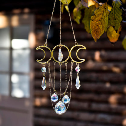 Bohemian Moon Crystal Suncatcher, Hanging Crystal Decoration for Window