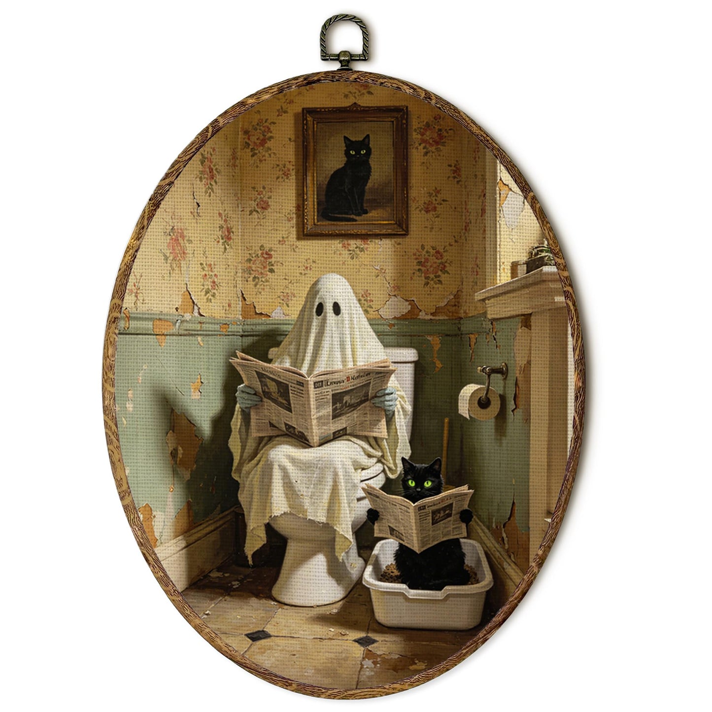 EGVQK Halloween Ghost Oval Wall Art Decor, Black Cat Framed Canvas Prints Wall Art, Funny Ghost Oval Canvas Hanging Decor for Halloween Decorations Indoor Bathroom Toilet Guest Room, 8.5x11.5in