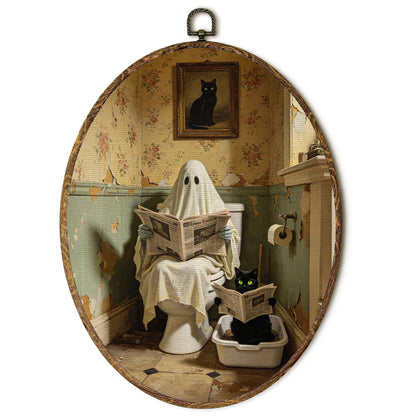 EGVQK Halloween Ghost Oval Wall Art Decor, Black Cat Framed Canvas Prints Wall Art, Funny Ghost Oval Canvas Hanging Decor for Halloween Decorations Indoor Bathroom Toilet Guest Room, 8.5x11.5in