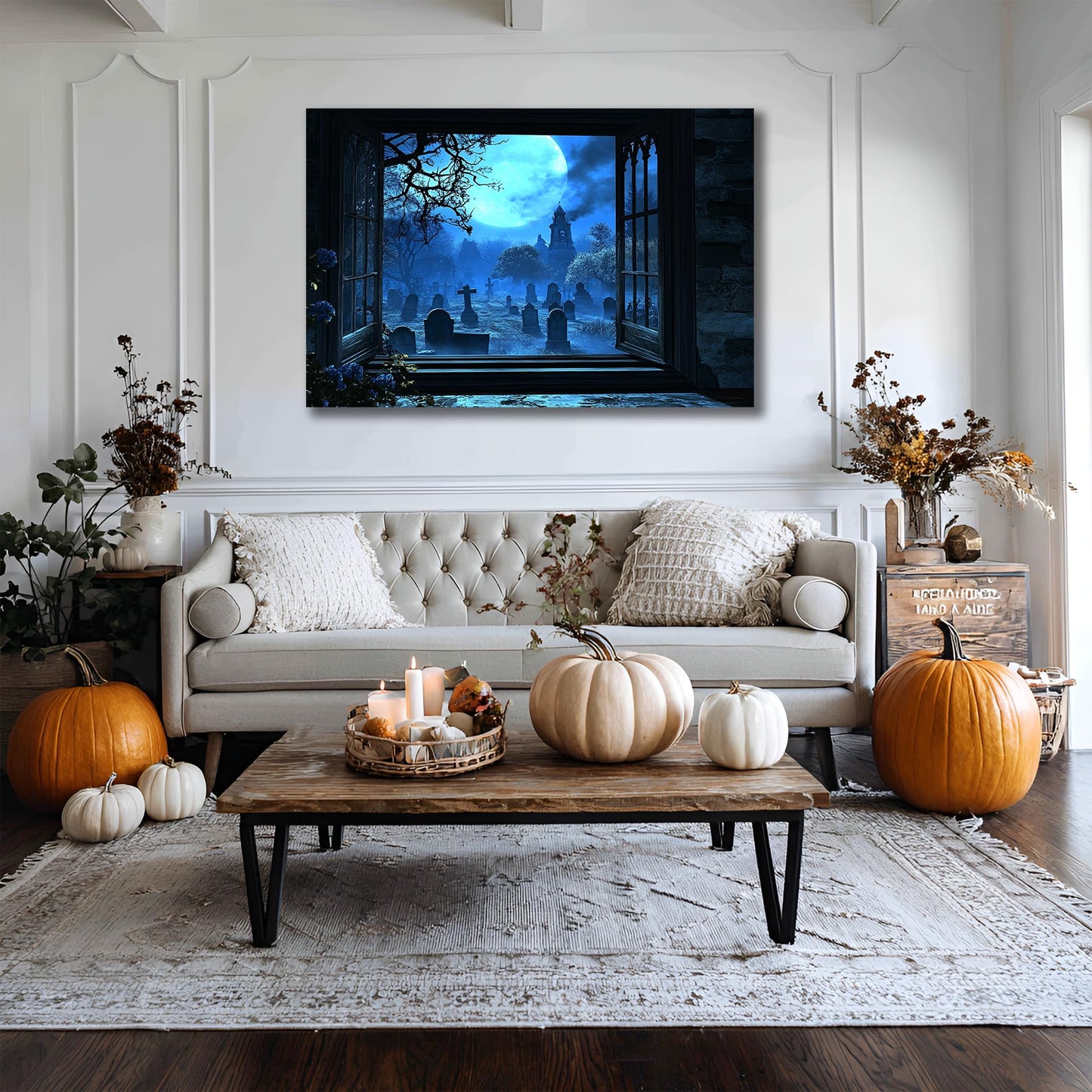 AMAZING WALL Graveyard Fake Window Sticke –3D Haunted Cemetery Illusion Wall Decal with Full Moon & Gothic View–Peel and Stick Halloween Decoration for Home,Door,Wall,32x48in/2PCS