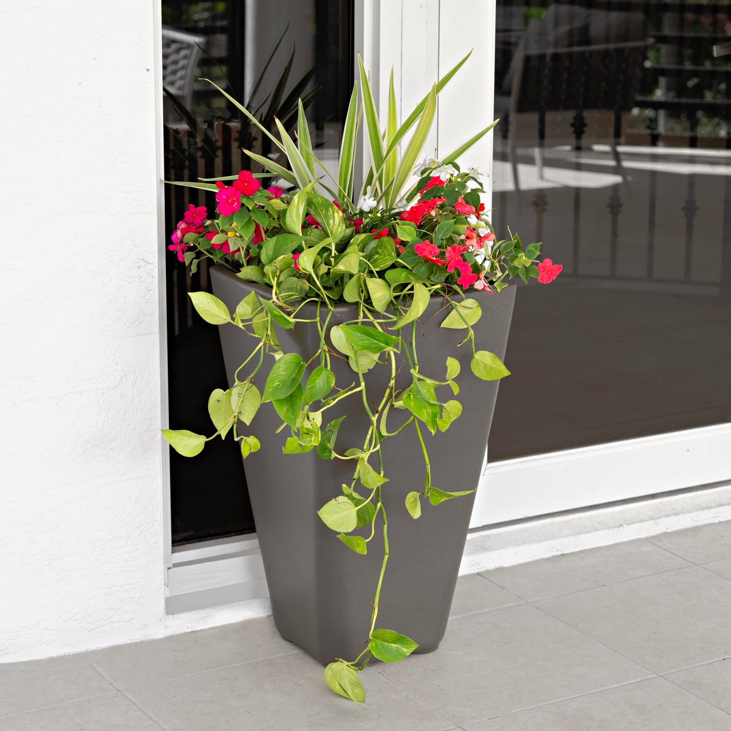 Step2 Bridgeview Tall Square Planter, Large Planters for Outdoor Plants, Gardening and Flower Pot for Patio or Porch, Efficient Drainage, Durable Plastic, Dark Cedar, 2-Pack