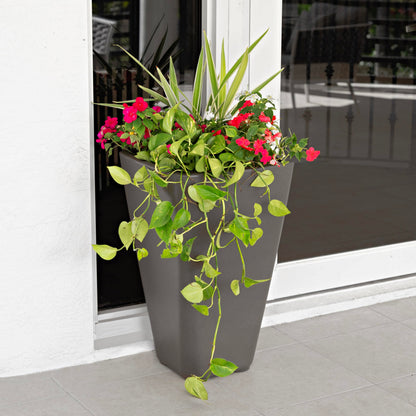Step2 Bridgeview Tall Square Planter, Large Planters for Outdoor Plants, Gardening and Flower Pot for Patio or Porch, Efficient Drainage, Durable Plastic, Dark Cedar, 2-Pack