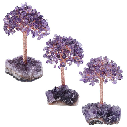 Cheungshing Healing Crystals Money Tree with Natural Amethyst Base, Crystal Stone Feng Shui Bonsai Figurines Tree of Life Decoration for Home Table Office, Amethyst