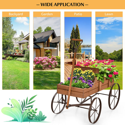 Aurcs Wooden Wagon Planter, Garden Wagon Cart Planter Pot Stand w/ 2 Planting Section, Adjustable Handle, Rolling Wheels, Planter Box Display for Succulent, Flowers, Vegetables (Natural)