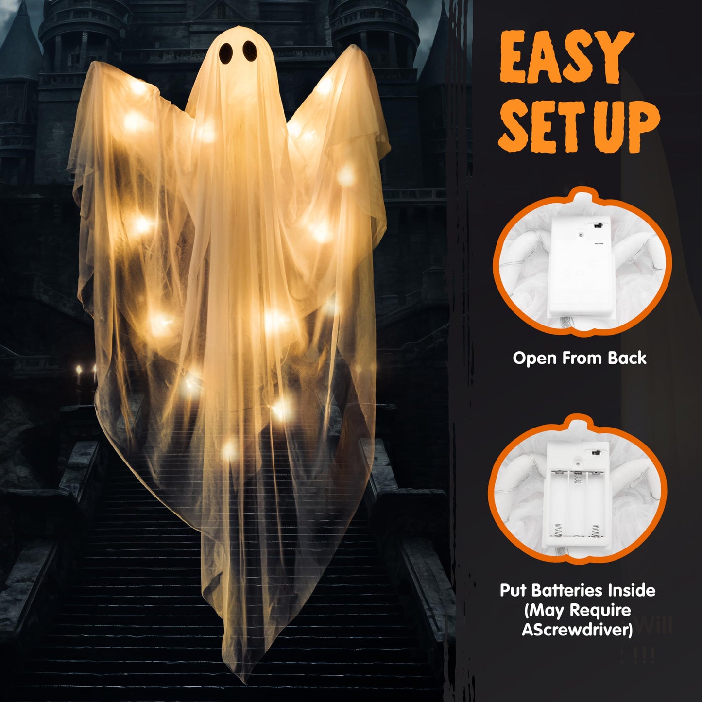 JOYIN 2 Pcs 47” Halloween Light up Hanging Ghost Decorations Outdoor, Halloween Flying Hanging Ghosts with Warm LED Lights and Timer for Haunted House Prop Front Yard Patio Party Decor Indoor Outdoor
