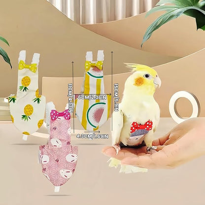 2Pcs Bird Diapers Bird Harness Flight Suits Diapers with 80 Inch Flying Leash Parrot Nappy Washable Cute Urine Wet Suit for Cockatiel Conure Macaw Budgies Parakeet-Rabbit&Watermelon,M