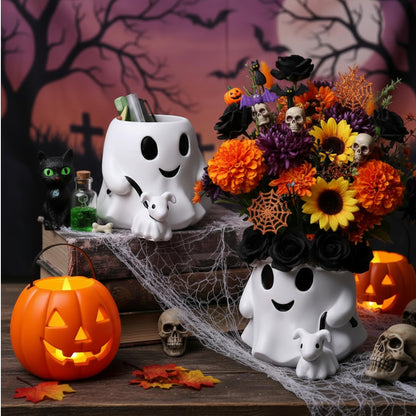 Chunful 2 Pcs 6 Inch Couple Ghost Pen Holder Ghost Buckets Desk Table Centerpieces Decor Resin Bucket Vase Planter Pot Gift for Indoor Outdoor Garden Home Table Decoration