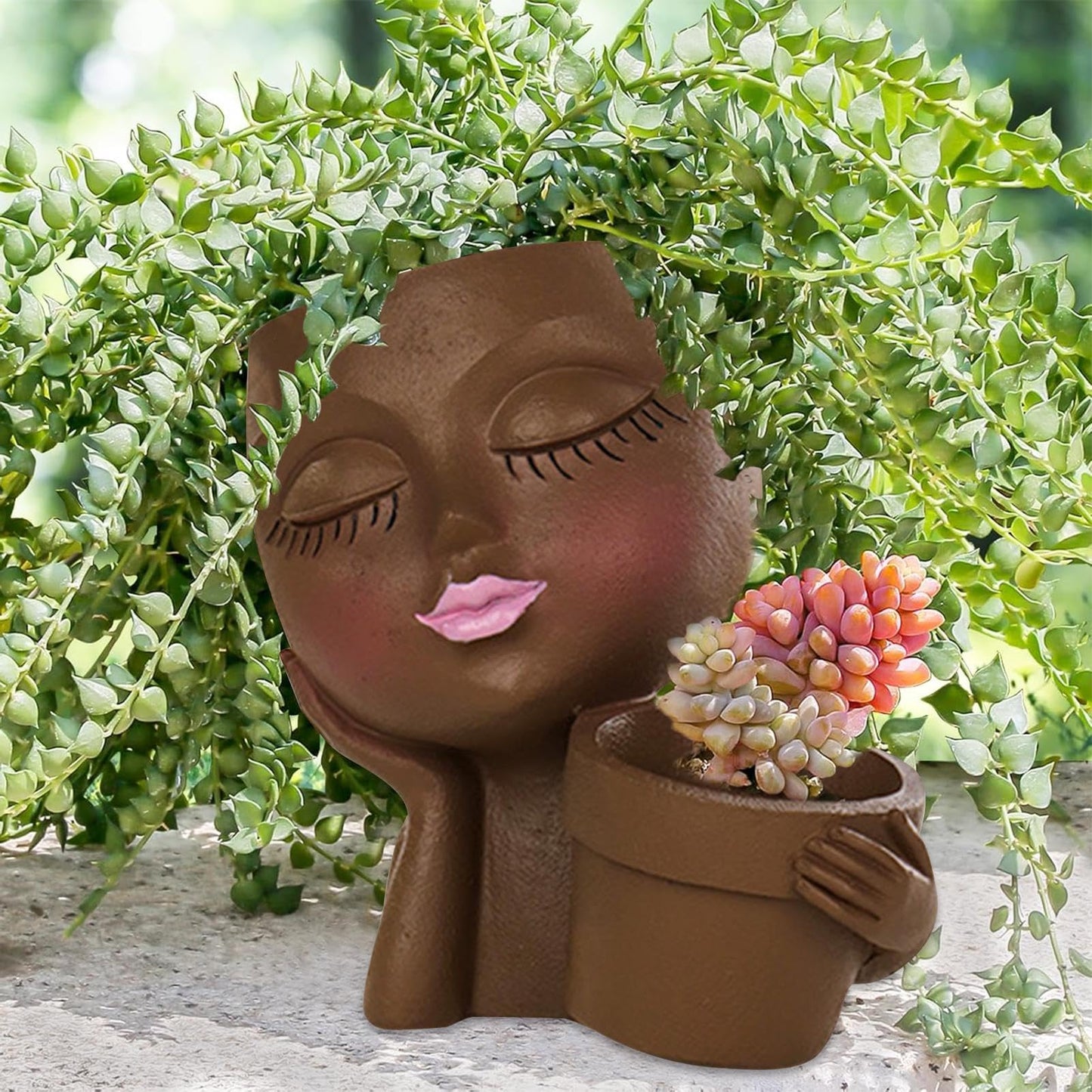 Rivonthex Face Planter Pot with Dual Compartments, Resin Lady Head Planter with Drainage Holes, 6.3 x 4.3 x 6.7 in, Two Openings 3.2 in and 2.4 in, for Succulents Indoor Outdoor, Brown