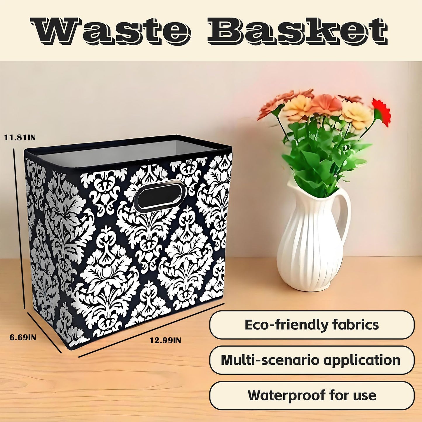 Fozxsvg Black 4.5 Gallon Fabric Trash Can, Waterproof Cute Waste Basket, Decorative Trash Bin for Bedroom, Office, Living Room, Kitchen