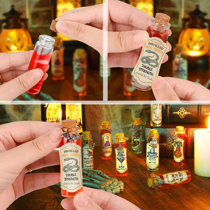 ZAUGONTW 91 Pcs Halloween Potion Bottle Set, 30 Potion Bottles with Cork Stoppers, Stickers, 30 Charms Pendants and 1 Piece String for Halloween Tiered Tray Decorations, Indoor Party Supplies