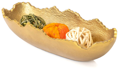 Red Co. 11.5” x 4.5” Elongated Oval Decorative Asymmetrical Torn Textured Metal Centerpiece Tray with Sculpted Edges, Old Gold