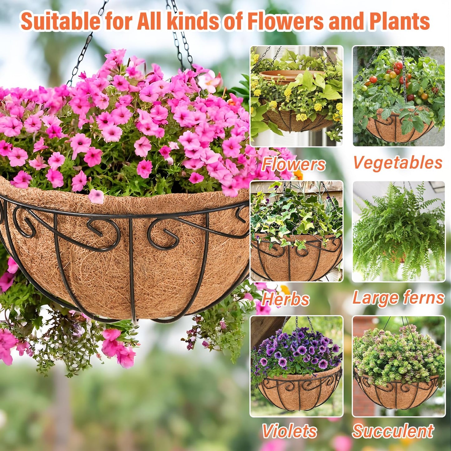 Legigo 3 Pack 10 Inch Metal Hanging Baskets for Plants Outdoor- Round Wire Hanging Planters Basket with Coconut Coir Liner, Hanging Flower Pot for Outdoor Plants Flowers Garden Decorations