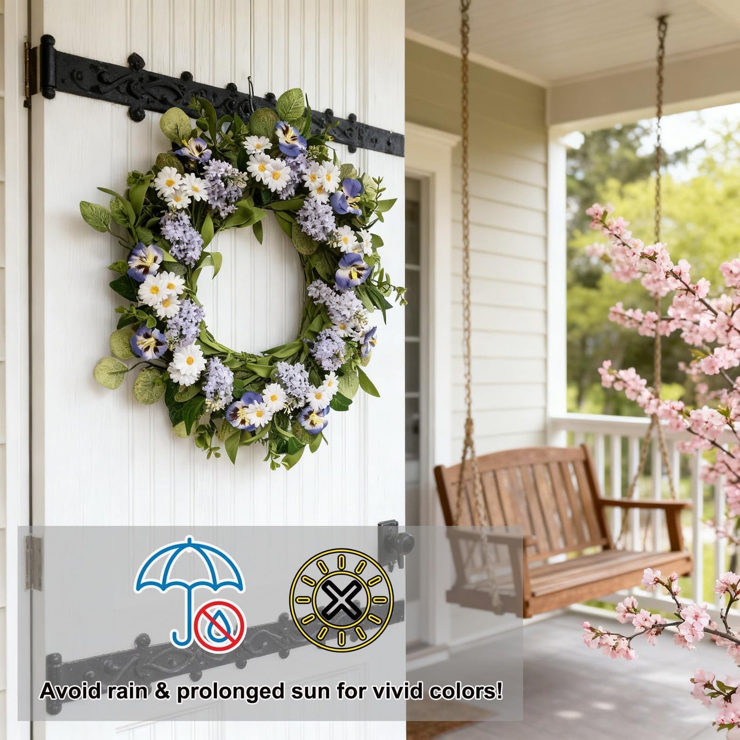 Zkieire 20 Inch Purple Artificial Lilac Daisy Pansy Wreath - Floral Wreath with Greenery for Front Door Wall Window, Spring Summer Indoor Outdoor Decor