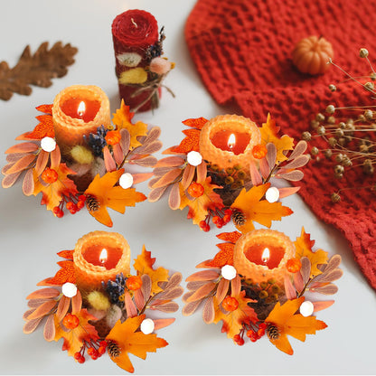 Jansun 4 Pcs Fall Candle Rings, Artificial Maple Leaves Pumpkins Decorative Wreaths for Fall Home Decor Thanksgiving Halloween Centerpieces and Farmhouse Table Settings