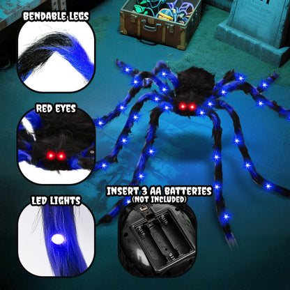 2 Pack 50" Halloween Light Up Spiders, Giant Hairy Spider Decorations with Blue and Purple LED Lights, Scary Indoor Outdoor Halloween Decor for Yard Porch Tree Party Haunted House
