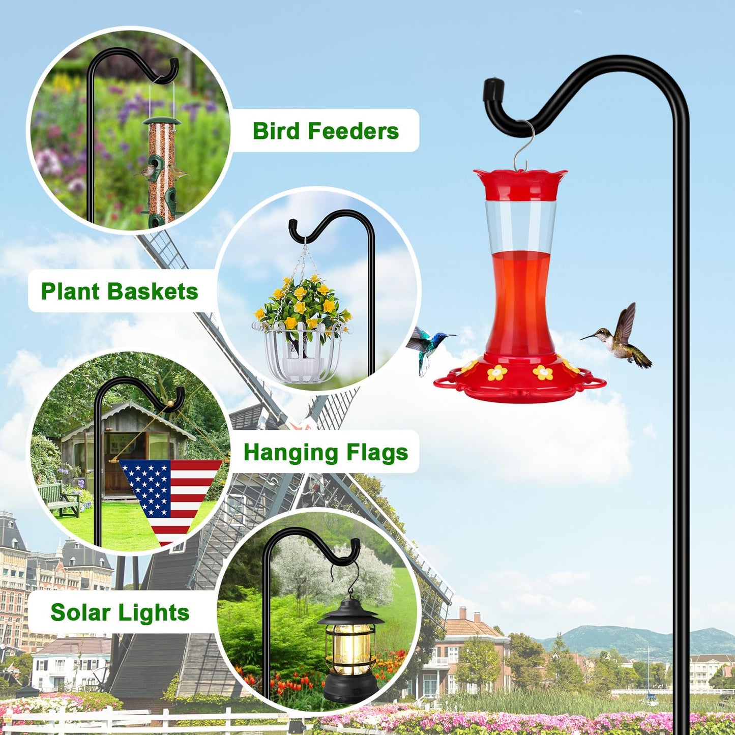 FEED GARDEN Sheperds Hooks for Outdoor Bird Feeder Pole 76 Inch Adjustable Tall Heavy Duty Shepherds Hooks for Hanging Plant Baskets, Solar Lights, Wedding Decor, Lanterns, Black (2 Pack)