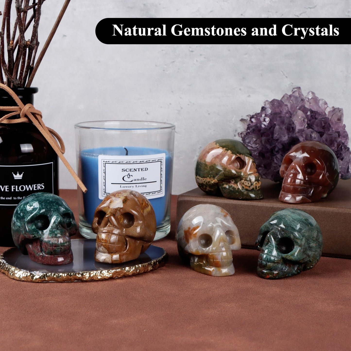 Artistone Ocean Jasper Hand Carved Crystal Skull Statue for Halloween Decoration Spiritual Healing Stone 2 Inch