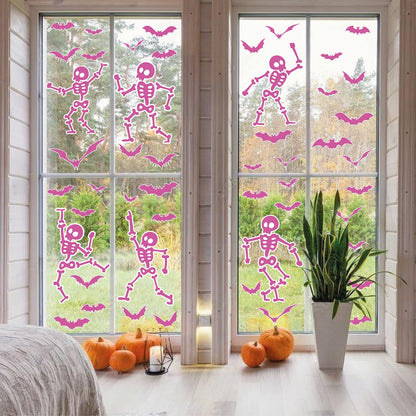 Halloween Wall Decals and Skeleton Window Clings - 6 Sheets 43 Pcs Removable Pink Ghost Bat Wall Stickers for Mirrors, Windows, Home Bedroom Party Decor